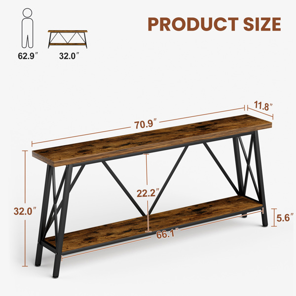 70.9 Inch Extra Long Sofa Table, Console Behind Sofa, Entryway Table with 2 Tier Storage Shelves for Hallways,Living Rooms,Foyers,Entryways,Banquet Rooms,Rustic Brown and Black, 70.9″L x 11.8"W x 32"H