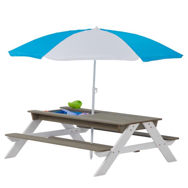 Wooden Kids Picnic Table, Sand and Water Table with Umbrella, Activity Table for Outdoor Backyard Patio Play