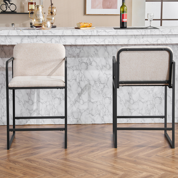 Set of 2,Modern Upholstered Counter Height Bar Stool with Armrests, Metal Frame and Padded Seat, Comfortable Dining Chair for Kitchen Island, Home Bar or Restaurant - Beige