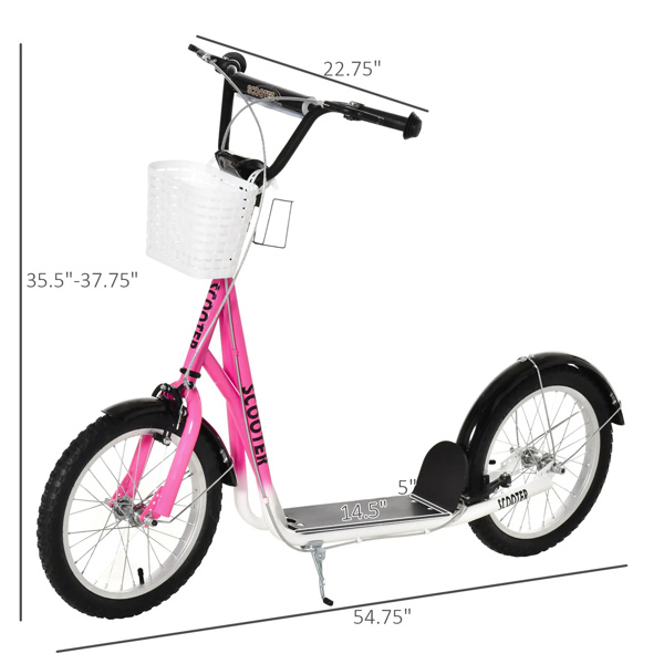 Youth Scooter with Adjustable Handlebars and plastic basket  16" Inflatable Rubber Tires  -Pink