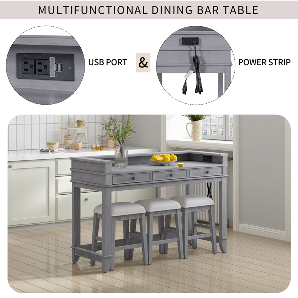 4-piece Dining Bar Table Set with 3 Upholstered Stools, Multifunctional Dining Table with 3 Drawers (Gray)