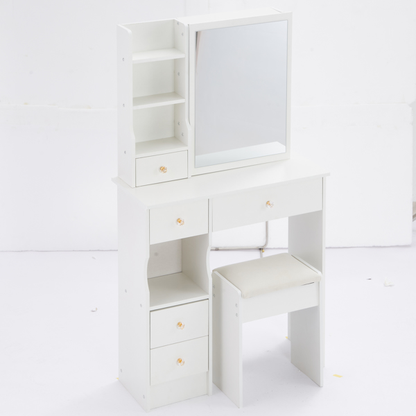 Small Size Left Drawer Desktop Vanity Table + Cushioned Stool, Extra Large Sliding Mirror, Multi Layer, High Capacity Storage Fashionable Dresser, Suitable for Small Space, EPA,GCC,UL Certificate