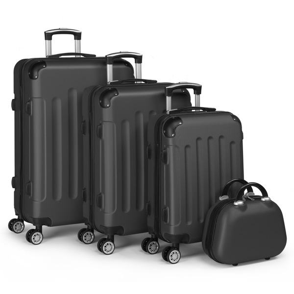 FCH Corner-Protected Four-Piece Set ABS Luggage 20in, 24in, 28in + 12in Handbag with ABS Material and Steel Telescopic Handle in Classic Black