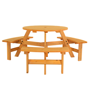 6-Person Outdoor Circular Wooden Picnic Table with 3 Built-In Benches, Outside Table and Bench Set for Porch Backyard Patio Lawn Garden