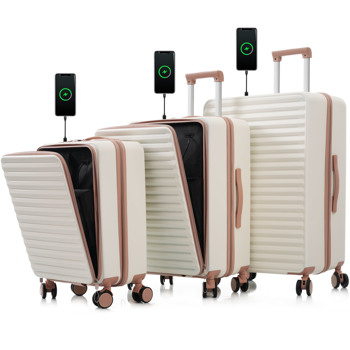 Luggage 3 Piece Sets20\\"24\\"28\\", 20 \\"24\\" with front pocket,Hard Shell Luggage Carry on Luggage Set with TSA Lock , usb, universal wheel,cup holder,milky white