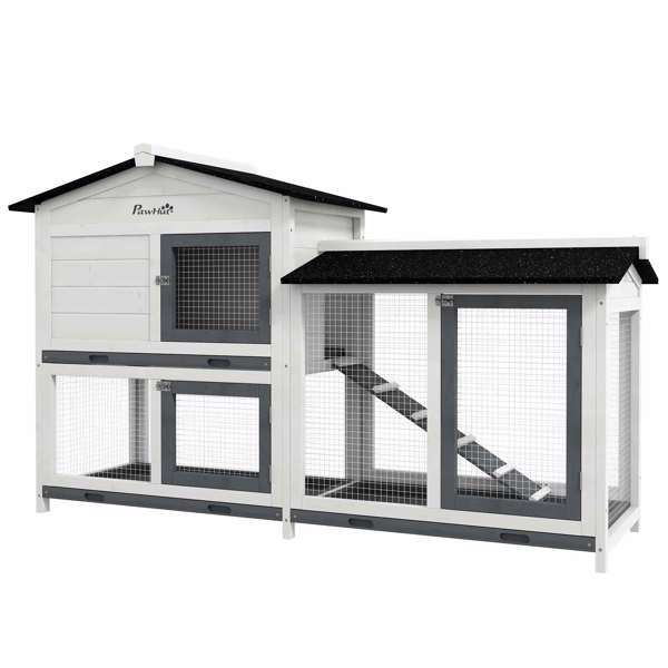 62" Rabbit Hutch, Wooden Bunny Hutch, Guinea Pig Cage, Small Animal Enclosure with Run Area, Removable Tray, Asphalt Roof, Lockable Doors and Ramp, White