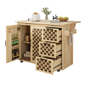 53.2\\"W 3D Woven Checkerboard Pattern Design Kitchen Island with Drop Leaf, Rolling Kitchen Island on Wheels with Internal Storage Rack, Power Outlet, Kitchen Cart with 3 Drawers 2 Cabinets, Nature