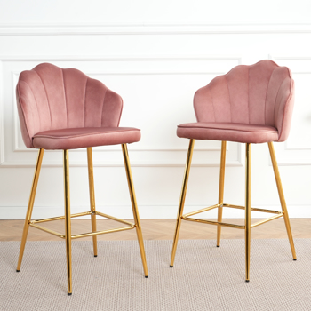 Shell shape pink velvet bar chair, gold-plated metal chair legs, suitable for coffee shop, bar, restaurant (set of 2)