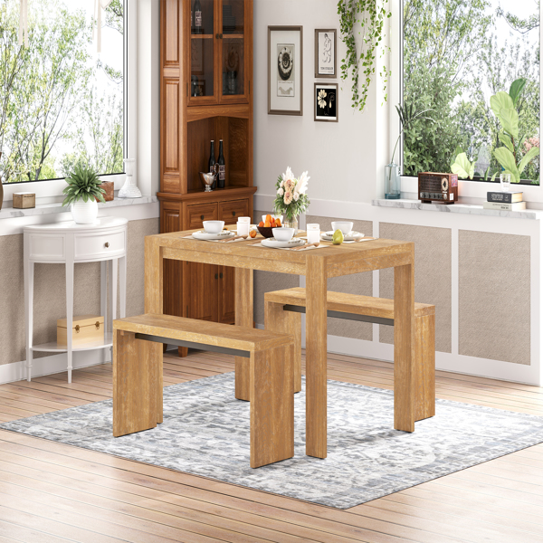 3-piece Farmhouse Style Simple Dining Set, Dining Table and 2 Benches, for Dining Room, Kitchen and Living Room (Natural Wood Wash)