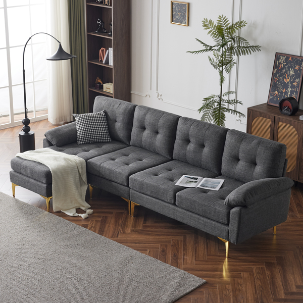 L-Shaped Sectional Sofa Couch for Living Room, Modern 4-Seater Tufted Linen Lounge Sleeper with Chaise, Dark Grey