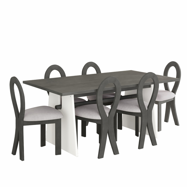 Modern 7-Piece Dining Table Set with Trestle Dining Table and 6 Upholstered Dining Chairs, Compact Kitchen Table Set for 6, Grey