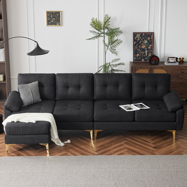 L-Shaped Sectional Sofa Couch for Living Room, Modern 4-Seater Tufted Linen Lounge Sleeper with Chaise, Black