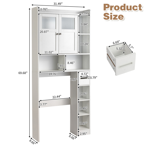 Double-Door Bathroom Cabinet with 2, Adjustable Panels, 1 Drawer and 3 Side Shelves, White 