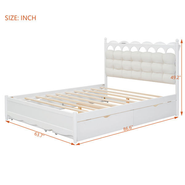 Queen Size Wooden Storage Platform Bed, with 2 Big Drawers, Twin-XL Size Trundle, White