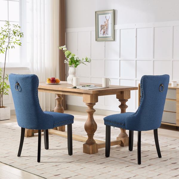 Modern, High-end Tufted Solid Wood Contemporary Flax Upholstered Linen Dining Chair with Wood Legs Nailhead Trim 2-Pcs Set,Blue Linen, SW6801BL