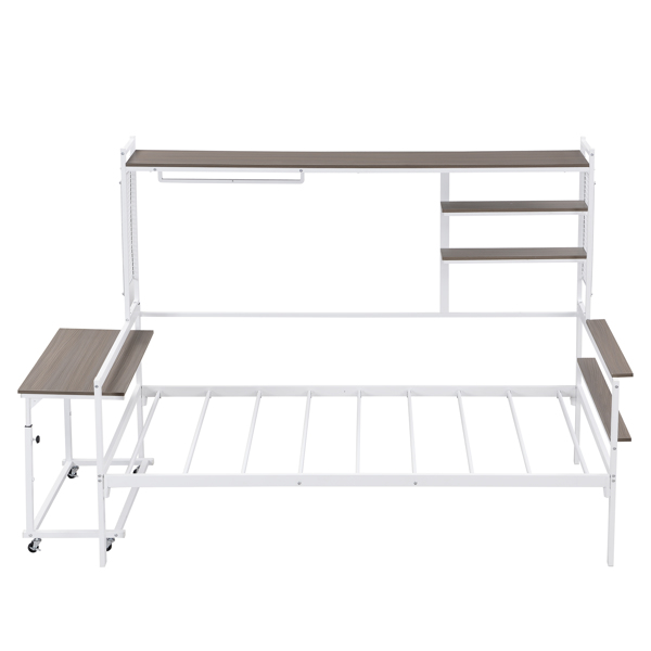 Twin size Metal Daybed with Movable Desk, Metal Grid, Shelves and Clothes Hanger, White