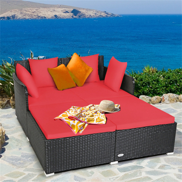 Red Outdoor Rattan Daybed with Upholstered Cushions