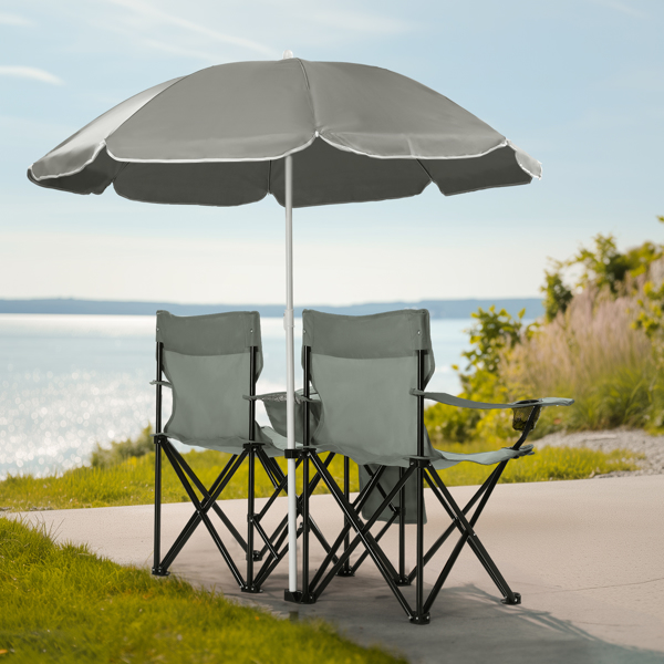 Portable Outdoor 2-Seat Folding Chair with Removable Sun Umbrella Grey