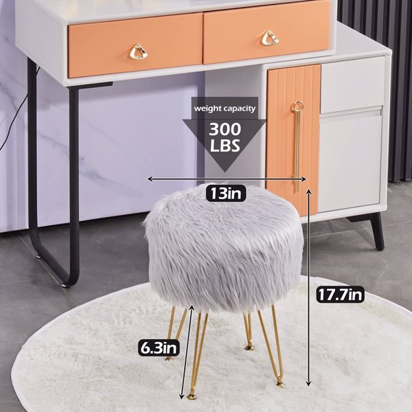 Faux Fur Storage Ottoman Round Furry Vanity Stool Marble Grain Tray Coffee Table Compact Footrest Stool with 4 Metal Legs Soft Makeup Seat Foot Stools for Living Room Bedroom Entryway Grey