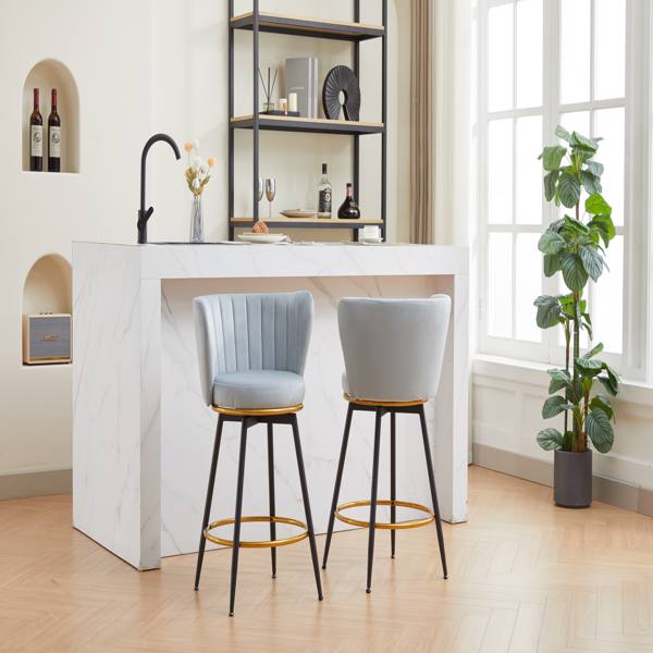 Counter Height Bar Stools Set of 2, 360° Swivel Upholstered Barstools with Backs and Metal Legs, 26" H Seat Height, Velvet Fabric,Goldy Footrest