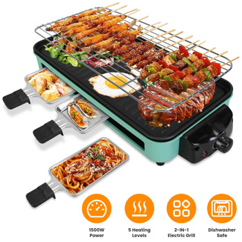 1500W Electric Indoor Grill 2 in 1 Electric BBQ Gill with Grill Net Removable Plate 5 Temperature Control 3 Small Trays Dishwasher Safe