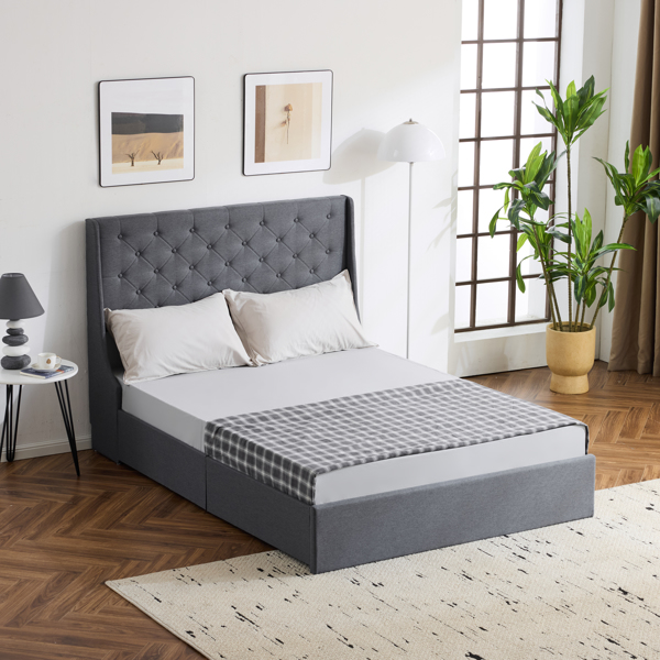 Upholstered Full Platform Storage Bed Frame with 4 Drawers, Wingback Headboard with Button Tufted Design, Wooden Slat Support, No Box Spring Needed, Dark Grey