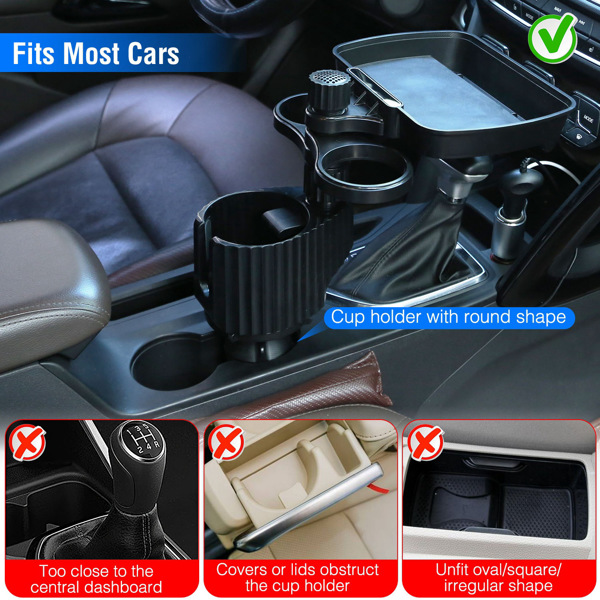 4-in-1 Car Cup Holder Tray Food Table Phone Hold Car Expander Detachable 360 Degree Rotatable Expandable Base Car Desk