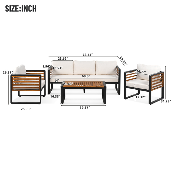 Large Size 4-pieces Outdoor Furniture sofa for 5 Person Conversation Set, Garden Sofa Set With Removable Cushion, Metal And Wood Frame Sofa set, Thick Cushions, Acacia Wood Tabletop, Beige