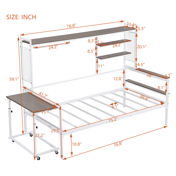 Twin size Metal Daybed with Movable Desk, Metal Grid, Shelves and Clothes Hanger, White