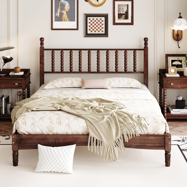 Queen Size Wood Platform Bed with Gourd Shaped Headboard,Retro Style Platform Bed with Wooden Slat Support,Walnut