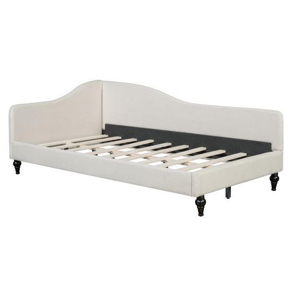 Twin Size L-Shaped Linen Daybed, with Solid Wood Legs, Beige