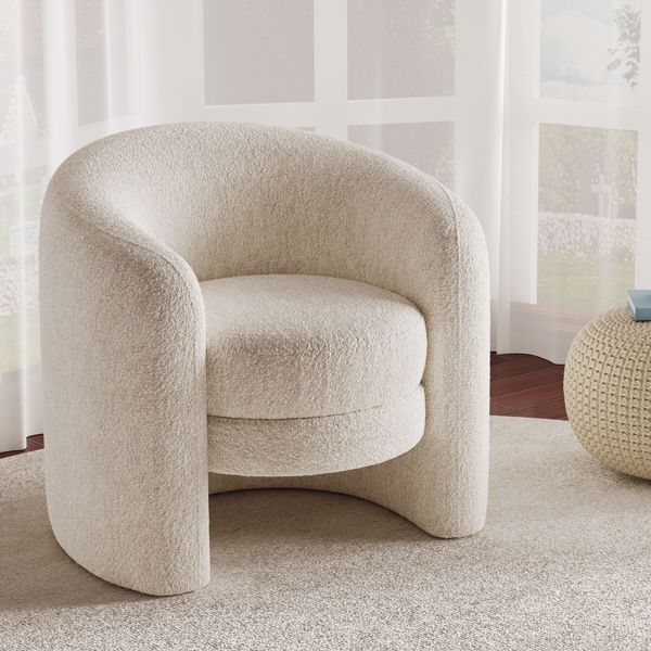 Modern Curved Back Upholstered Accent Chair, Soft Cozy Boucle Fabric, Comfortable Plush Seating, No Assembly Required, Versatile Style for Living Room/Reading Room/Bedroom, Ivory