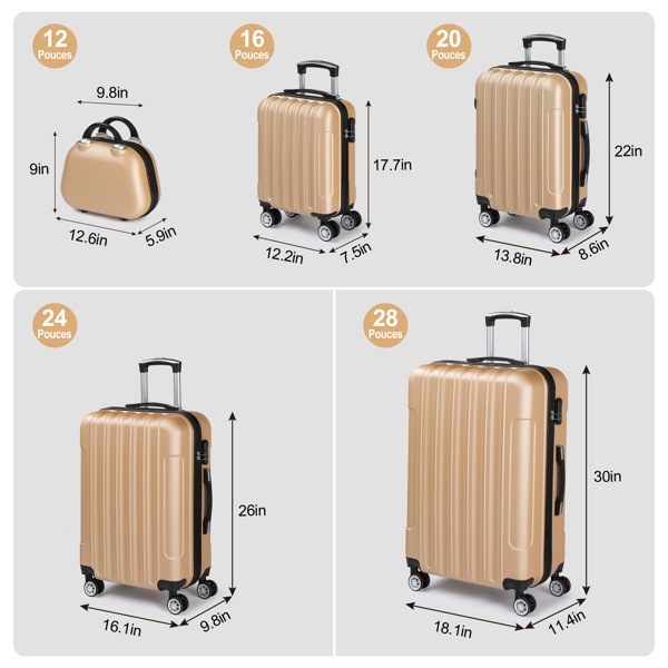 FCH Vertical Stripe Five-Piece Set ABS Luggage 16in, 20in, 24in, 28in + 12in Handbag with ABS Material and Steel Telescopic Handle in Trendy Champagne Gold