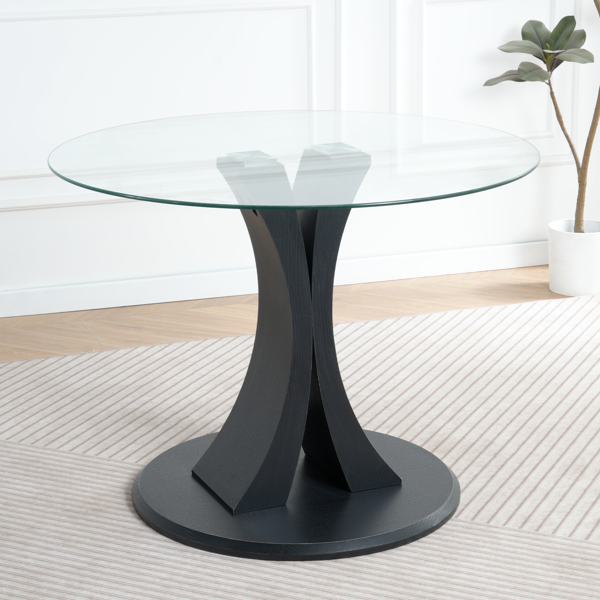 Modern simple table with a glass round table and four chairs. Transparent tempered glass countertop, black wood grain spray legs, suitable for kitchen living room dining room (set of 5)