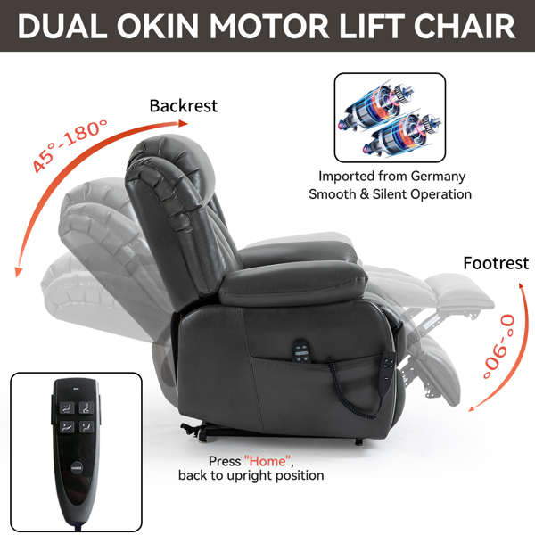 Dual Motor Infinite Position Up to 350 LBS Electric Medium size Leatheraire Grey Power Lift Recliner Chair with 8-Point Vibration Massage and Lumbar Heating