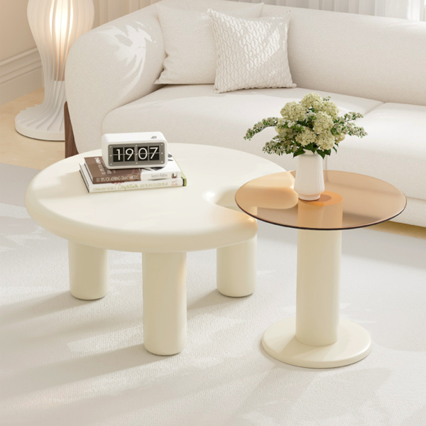 Circular Beige Cream Coffee Table Set Easy Assembly for Living Room