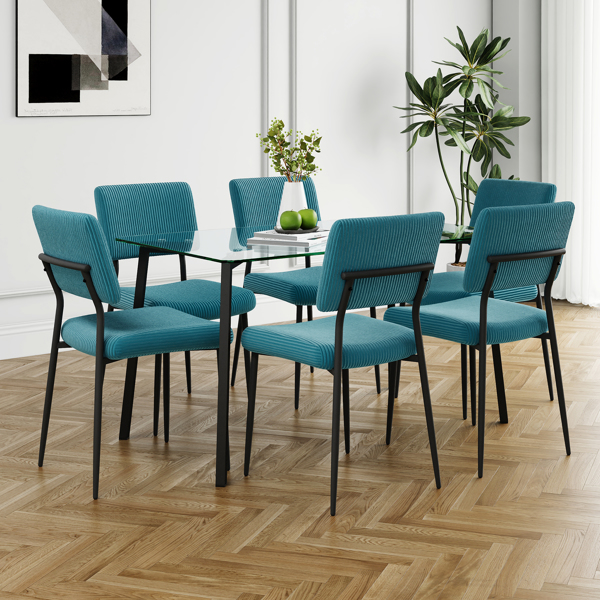 Modern simple table with a glass square table and six chairs. Transparent tempered glass countertop, black metal legs, suitable for kitchen living room dining room (set of 7)