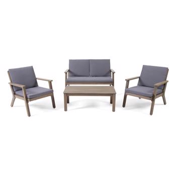 Temecula Outdoor Acacia Wood 4-Seater Chat Set_Loveseat&Coffee Table&2 Club Chairs - Gray Finish + Dark Gray Cushion