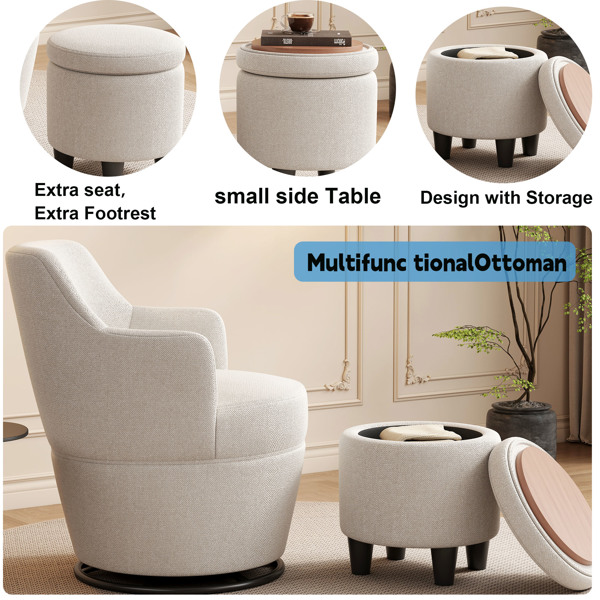 360°Swivel Accent Chair with Ottoman, Lounge Sofa with Nail Trim, Living Room Chairs, Bedroom Chair, Vanity Chair, Nursery Glider, Swivel Barrel Chair-Beige/White Accent Chair