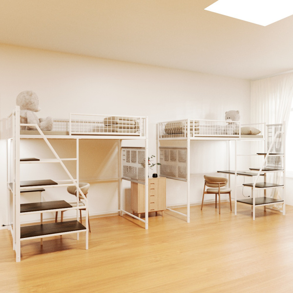 Twin sized loft metal bed with white for bedroom and dormitory, with built-in charging station and LED lighting