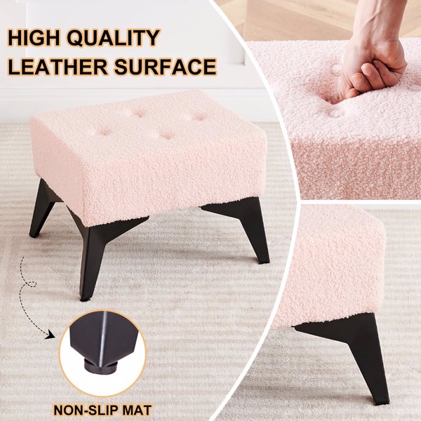 Small Footstool Ottoman Teddy Velvet Footrest Ottoman with Iron Legs, Foot Rest for Under Desk, Step Stool, Sofa Footrest for Living Room Bedroom Teddy Velvet Pink