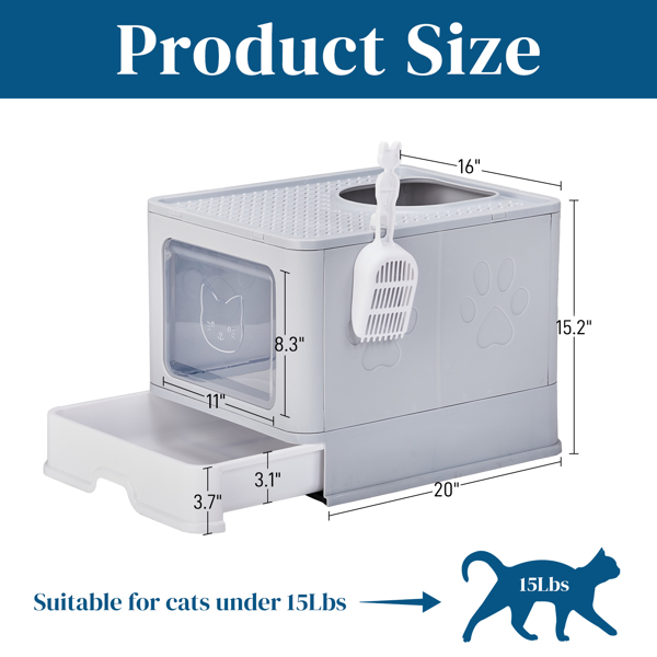 Large Enclosed Cat Litter Box with Lid Cover, Detachable Cat Toilet with Litter Scoop & Slide Out Tray, Front Entry Top Exit Door, Easy to Clean, Gray