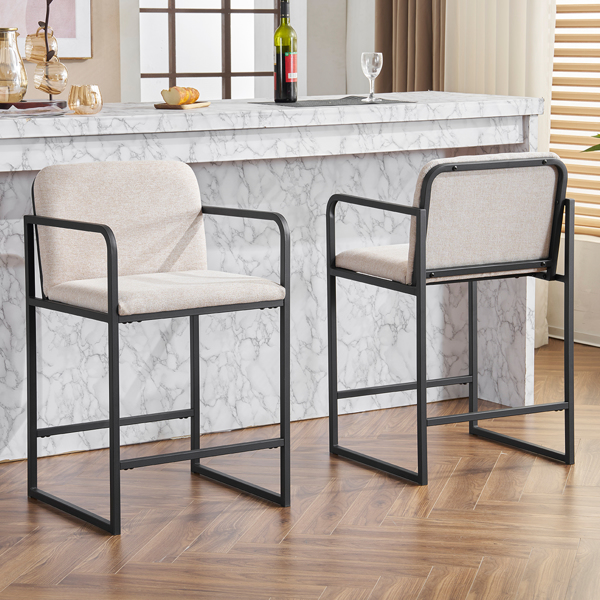 Set of 2,Modern Upholstered Counter Height Bar Stool with Armrests, Metal Frame and Padded Seat, Comfortable Dining Chair for Kitchen Island, Home Bar or Restaurant - Beige