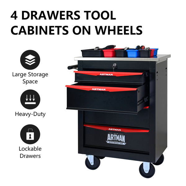 4 Drawers Multifunctional Tool Cart with Wheels,Metal Rolling Tool Cart Storage for Garage Workshop Warehouse Repair Shop--With  Stainless Steel Roof- BLACK&RED