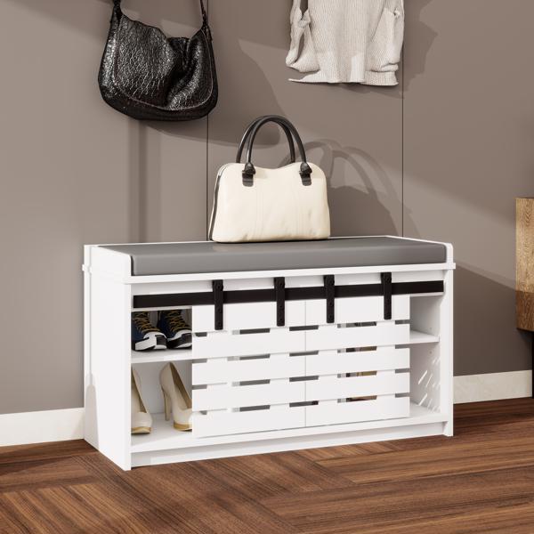 Modern Shoe Storage Bench, 2-Tier Entryway Bench with 2 Sliding Barn Doors & Full Soft Removable Seat Cushion for Entryway, Hallway, Bedroom-White