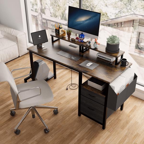 47.27"office desk with power outlet, 2 Monitor Stands and USB Ports,Gaming Desk with Storage Shelves,2 Fabric Drawers, Large Side Pocket,and hooks for Home Office Study, Rustic Brown