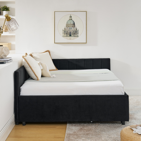 Full Size Upholstered Tufted Bed Frame with Two Drawers, Sofa Bed Frame with Comfortable Backrest and Armrests, Velvet, Black(79.5''x58''x25'')