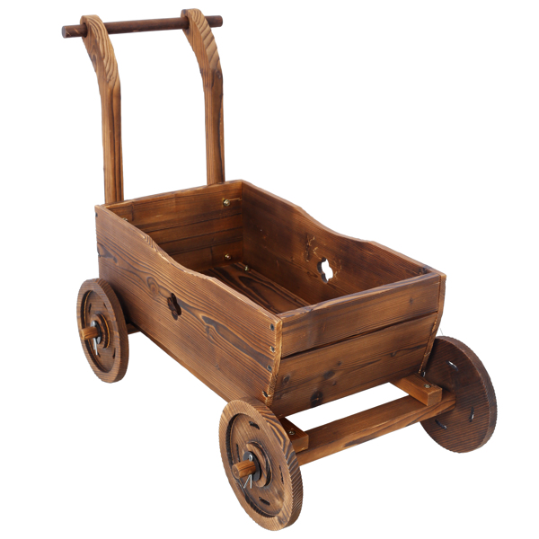 Wooden Wagon Planter Box, Mobile Garden Planter with 4 Wheels, Handle, Drain Hole, Decorative Flower Planter for Indoor & Outdoor Decor, Wooden Flower Cart for Patio, Garden, Balcony, Brown