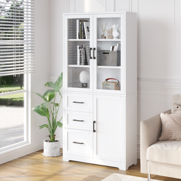 FCH 3 doors 3 drawers 5 layers Triamine board veneer 78*38.5*170cm display cabinet white N001