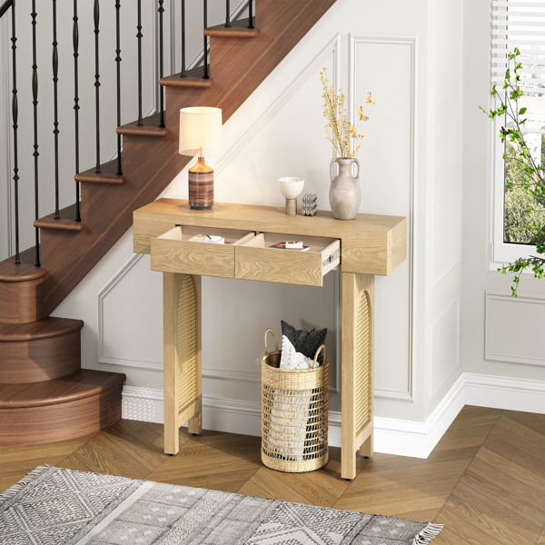 Narrow Console Table with Rattan Accent, Natural Wood Finish Entryway Table with Storage Drawers, Stylish Rustic Sofa Table for Living Room and Hallway (Natural)